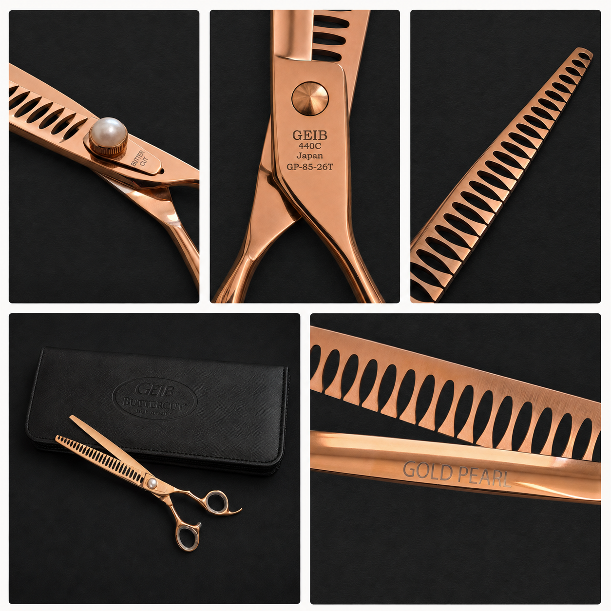 Chunker Geib Gold Pearl GP-85-26T Butter Cut 26 dents en acier japonais 440C pour toilettage canin